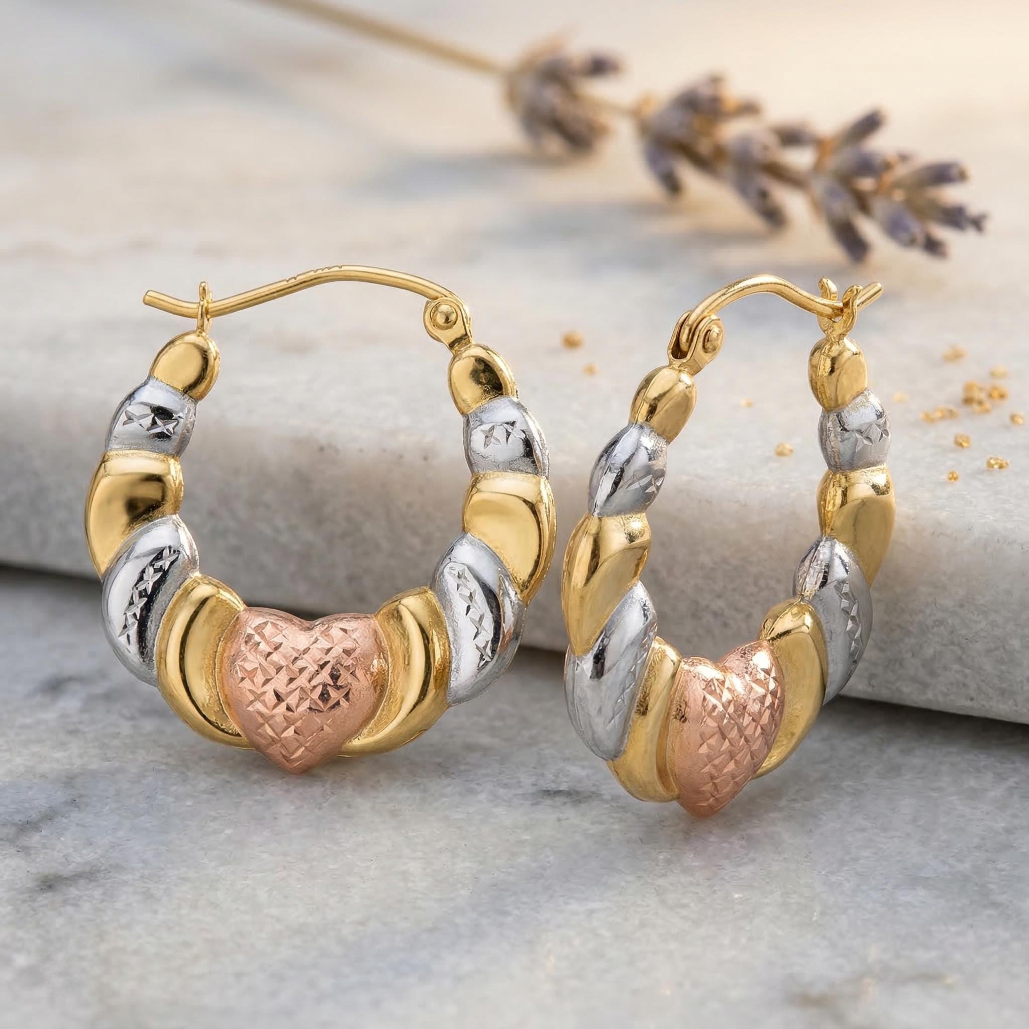 14k Tri-color Gold Heart Hoop Earrings- Lightweight 7/8 Inch