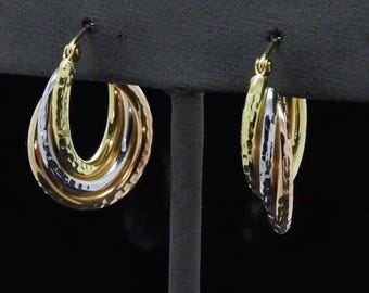 10K Tricolor Gold Three Tone Pink White Yellow Diamond Cut Faceted Layered Merged Three Triple hoop Lever Back 3/4-inch Hoop Earrings