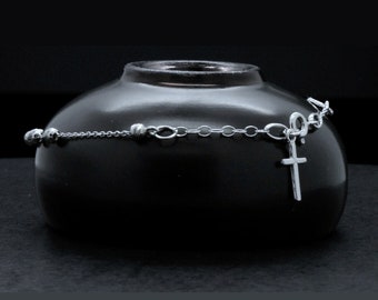 Solid 14k White Gold Dainty Beaded Bead Religious Rosary Rosario Cross Diamond Cut Dainty 6.75-in Bracelet