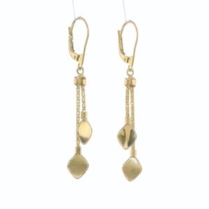 14k Yellow Gold Dangle Long Lever Back Square Rhombus Fancy Mirror + Brushed Finish Luxurious Elegant 2-1/8 inch Long Earrings