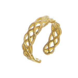 14k Solid Yellow Gold Minimalist Braided Toe Ring | High Polish Adjustable Beach Summer Coastal Minimalistic Cut Out Gift for Her Toe Ring