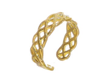 14k Solid Yellow Gold Minimalist Braided Toe Ring | High Polish Adjustable Beach Summer Coastal Minimalistic Cut Out Gift for Her Toe Ring