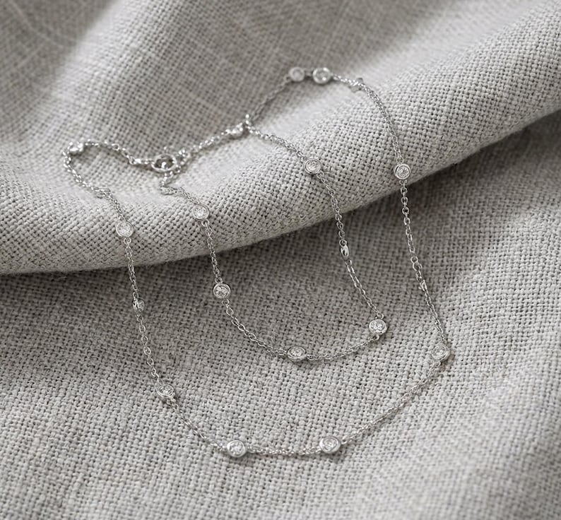 Solid PT950 Platinum Diamond Chain Necklace | 18-inch Dainty Station Necklace, Elegant Luxurious, Classy Jewelry image 2