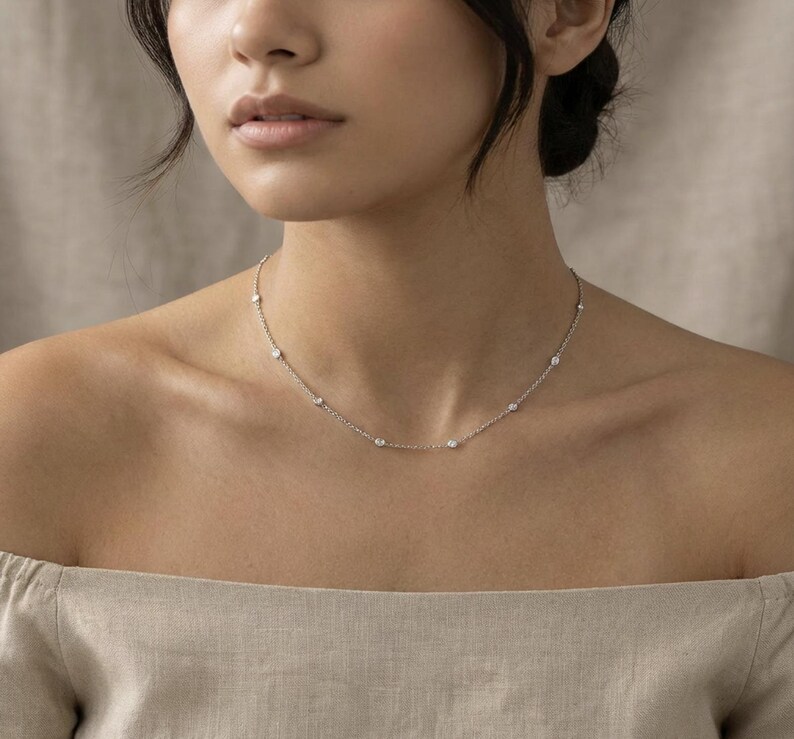 Solid PT950 Platinum Diamond Chain Necklace | 18-inch Dainty Station Necklace, Elegant Luxurious, Classy Jewelry image 5
