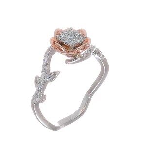 Solid 14k Two Tone Gold Engagement Rose Flower Diamond Ring | Fancy Dainty Round Cut Diamond Wedding Bridal Ring | Shimmering Bridal Ring