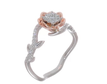 Solid 14k Two Tone Gold Engagement Rose Flower Diamond Ring | Fancy Dainty Round Cut Diamond Wedding Bridal Ring | Shimmering Bridal Ring