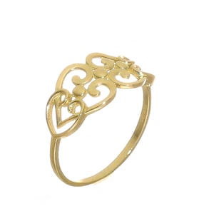 14k Solid Yellow Gold Heart Filigree Ring | Dainty Vintage Classic Style Ring Band