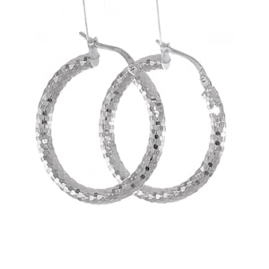 14k White Gold Round Diamond Cut Shimmering large Hoop Earrings | LeverBack 1-1/16-inch Medium Hoop Fancy Sparkly Hoop Earrings
