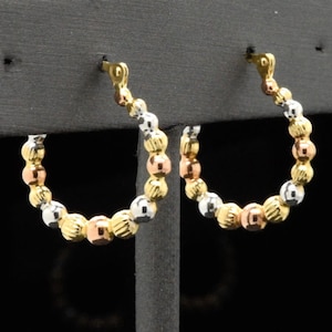 14k Tricolor Gold 3 Three Tone Pink White Yellow + Rhodium Round Bead Beaded Fancy Colorful Hoop Lever Back Earrings
