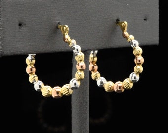 Boucles d'oreilles dormeuses fantaisie colorées en or tricolore 3 tons rose blanc jaune + perles rhodiées
