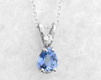 Handmade 14k White Gold 0.80ct 14kt Diamond Natural Pear TearDrop Blue Sapphire Vintage Classic Antique Style Dainty Pendant 18in Necklace