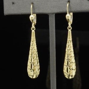 14k Yellow Gold Handmade Leverback Hollow Teardrop Dangle Drop Long Earrings