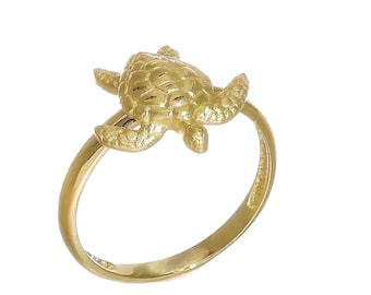 14k Solid Yellow Gold Women's Minimalist Coastal Diamond Cut Brushed Finish Sea Turtle Ring