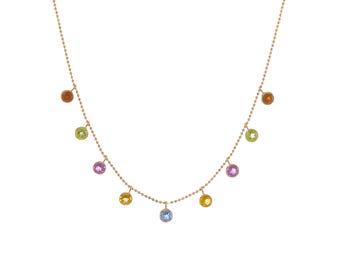 14k Yellow Gold Multi Gemstone Necklace – Amethyst, Citrine, Garnet, Peridot, Swiss Blue Topaz – Dainty Fine Jewelry Gift for Her, Elegant