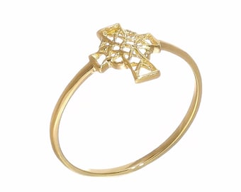 14k massivt gult guld religiös katolsk kristen korsring | Mönsterkors Elegant vintage-stil filigran korsring