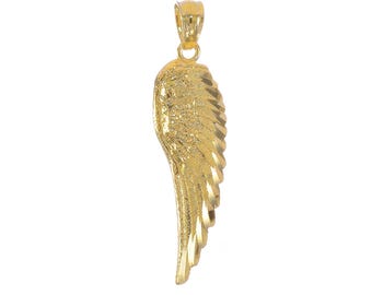 Ciondolo con ala di angelo custode protettore in oro giallo 14k / Ciondolo con ciondolo religioso della chiesa cattolica / Ciondolo con taglio a diamante lungo 1-1/4 pollici