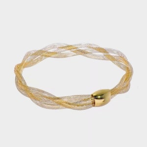 ソリッド 14k イエロー ゴールド 7.5 インチ x 10 mm 幅 フレキシブル スリップオン ミニマリスト 軽量 ワイド メッシュ 編み込み ブレスレット