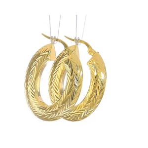 14k Yellow Gold Fancy Shimmering Diamond Cut Hoop Earrings | Hollow Triangle Tube Fancy Sparkly Shimmering 1-inch Size Hoop Earrings