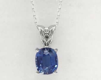 Handmade Unique 14k 14kt White Gold 1.08ct Natural Oval Blue Sapphire Vintage Classic Antique Style Dainty Solitaire Pendant 18in Necklace