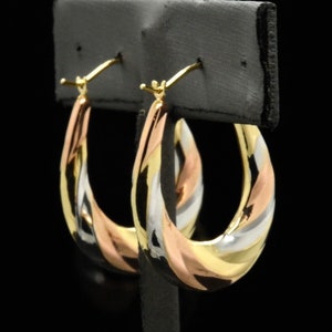 10K Tricolor Gold 3 Three Tone Pink White Yellow + Rhodium Oval Hollow Flat Fancy Hoop Earrings