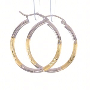 14k Two Tone Yellow White Gold Diamond Cut Hoop Earrings | Satin Finish 3/4-Inch Solid Yellow Gold White Gold Lever Back Round Hoop Earrings