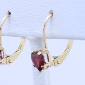 14k Yellow Gold Heart Cut Prong Set Red Ruby Valentines Lever Back Dainty Classy Solitaire Earrings