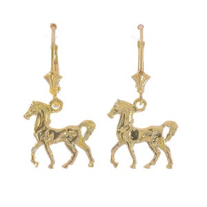 14k Solid Yellow Gold Textured Dangle Cute Horse Earrings | Cowgirl Cowboy Horse Riding Country Leverback 1-1/4-Inch Solid Gold Earrings