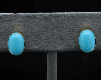 Orecchini a perno con pietra preziosa fine in oro giallo 14k, taglio ovale cabochon, turchese, castone, solitario