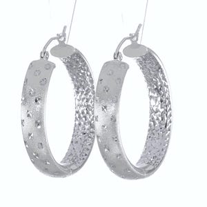 14k White gold Diamond Cut Round Star Fancy Hoop Earrings | Lever Back 1-1/4-inch Fancy Shimmering Fancy Satin Finish Luxurious Earrings
