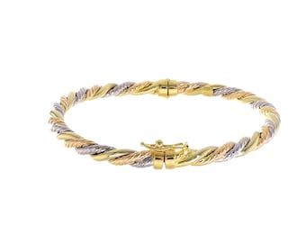 May include: A gold bangle bracelet with a twisted rope design. The bracelet features a mix of yellow, rose, and white gold strands. It has a clasp closure and is designed to be worn around the wrist.