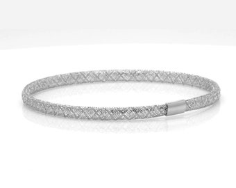 Solid 14k White Gold 7-inch x 4 mm Wide Dainty Flexible Slip On Minimalist Lightweight Mesh Bracelet