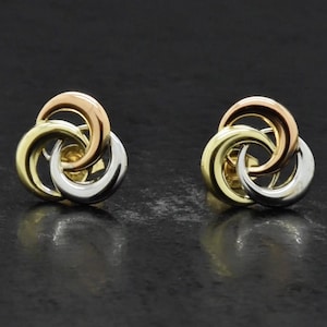 14k 3 Three Tone Gold Pink/Rose White Yellow Tricolor Love Knot Valentines Dainty Light Three Circle Dainty Small Petite Post Stud Earrings