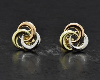 14 carats trois tons or rose/rose blanc jaune jaune noeud d'amour Saint-Valentin boucles d'oreilles fines légères trois cercles petites petites tiges