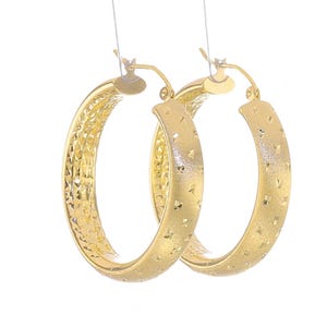 14k Yellow Gold Star Fancy Hoop Earrings | Lever Back 1-1/4-inch Satin Finish Diamond Cut Shimmering Solid Gold Fancy Round Hoop Earrings