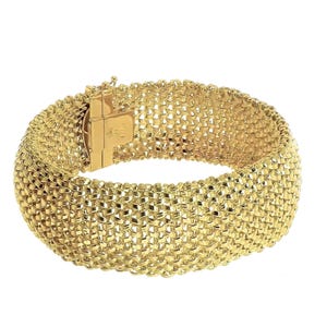 Solid 14k Yellow Gold Mesh Wide Flexible Bracelet | 7.25-inch Fancy Solid Gold Mesh Bracelet | Luxurious Fancy Bold Design Mesh Bracelet