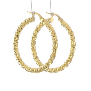14k Yellow gold Fancy Twisted Textured Hoop Earrings | Lever Back 1-1/4-inch Twist High Polish Finish Luxurious Classy Round Hoop Earrings