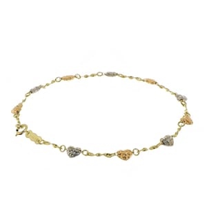 14K Tri-Color Gold Puff Heart Bracelet | 6-inch Diamond-Cut Three Tone Gold | Yellow, White & Rose Gold Heart Jewelry Gift for Girls,