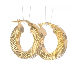 14k Yellow Gold Round Diamond Cut Shimmering Hoop Earrings | Square Tube LeverBack 3/4-inch Hoop Fancy Sparkly Round Hoop Earrings