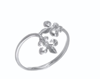 Massiver 14K Weißgold Valentines Minimalistic Fleur de Lis Ring | Süßer Zierlicher Fleur de Lis Stil zierlicher edler Retro Boho Bandring