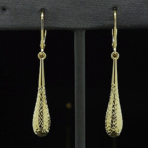 14k Yellow Gold Fine Dainty Lever back Wire TearDrop Long Drop Dangle Diamond Cut Minimalist 1-5/8-inch Long Classy Vintage Style Earrings