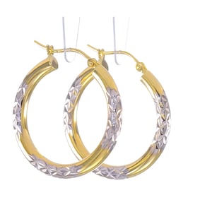 14k Two Tone Yellow Gold Diamond Cut Hoop Earrings | 1-Inch Solid Yellow Gold White Rhodium Finish Elegant Lever Back Round Hoop Earrings