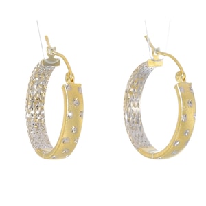 14k Yellow Gold Two Tone White Rhodium Star Fancy Hoop Earrings | Lever Back 3/4-inch Diamond Cut Round Satin Finish Hoop Earrings
