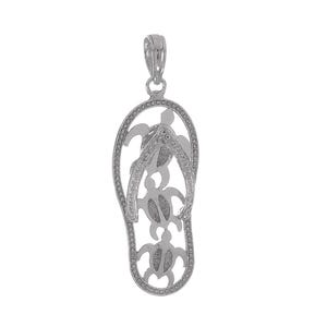 14k Solid White Gold Flip Flop + Sea Turtles 3D Pendant | Coastal Beach Summer Spring Charm | 1-1/4-inch Long Cute Boho Pendant