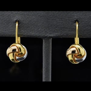 14k Three Tone Tricolor Gold Pink White Yellow Love Knot Earrings | Lever Back Minimalist High Polish Love Knot 3 Tone Solid Gold Earrings