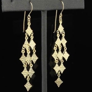 14k Yellow Gold Dainty Dangle Diamond Cut Drop Fish Hook/French Ear Wire Chandelier Earrings