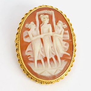 Victorian 14k Yellow Gold Shell Cameo Brooch of the Three Graces