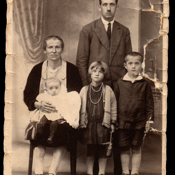 Vintage Digital Photo 1930s Family with Three Children Staring Download Only With Bonus Postcard Back