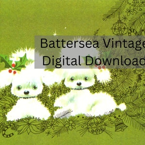 Vintage Cute 1950s Christmas Card Digital Printable File Norcross Poodle Puppies with Holly