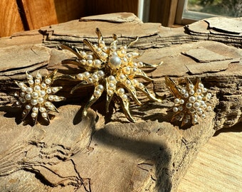 Vintage Sunburst Flower Brooch and Clip On Earrings with Mini Pearls