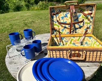 Vintage Wicker Picnic Basket With Dragonfly Lining Cups Plates Leather Straps